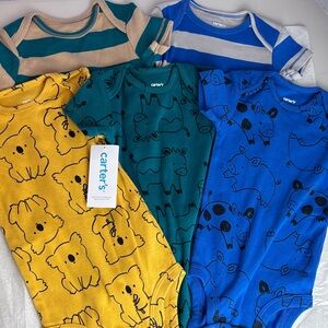 NWT 5 Piece Carter's Bodysuits Onesies Set - Teal, Blue, Mustard Koala Cow Pig